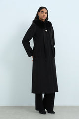 Detachable Fur-Lined Button-Detail Coat - Black