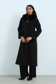 Detachable Fur-Lined Button-Detail Coat - Black