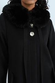 Detachable Fur-Lined Button-Detail Coat - Black