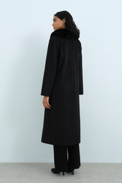 Detachable Fur-Lined Button-Detail Coat - Black
