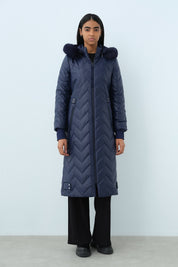 Detachable Fur Coat with Metal Details - Navy Blue