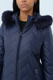 Detachable Fur Coat with Metal Details - Navy Blue