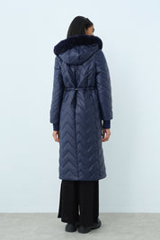 Detachable Fur Coat with Metal Details - Navy Blue