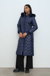 Detachable Fur Coat with Metal Details - Navy Blue