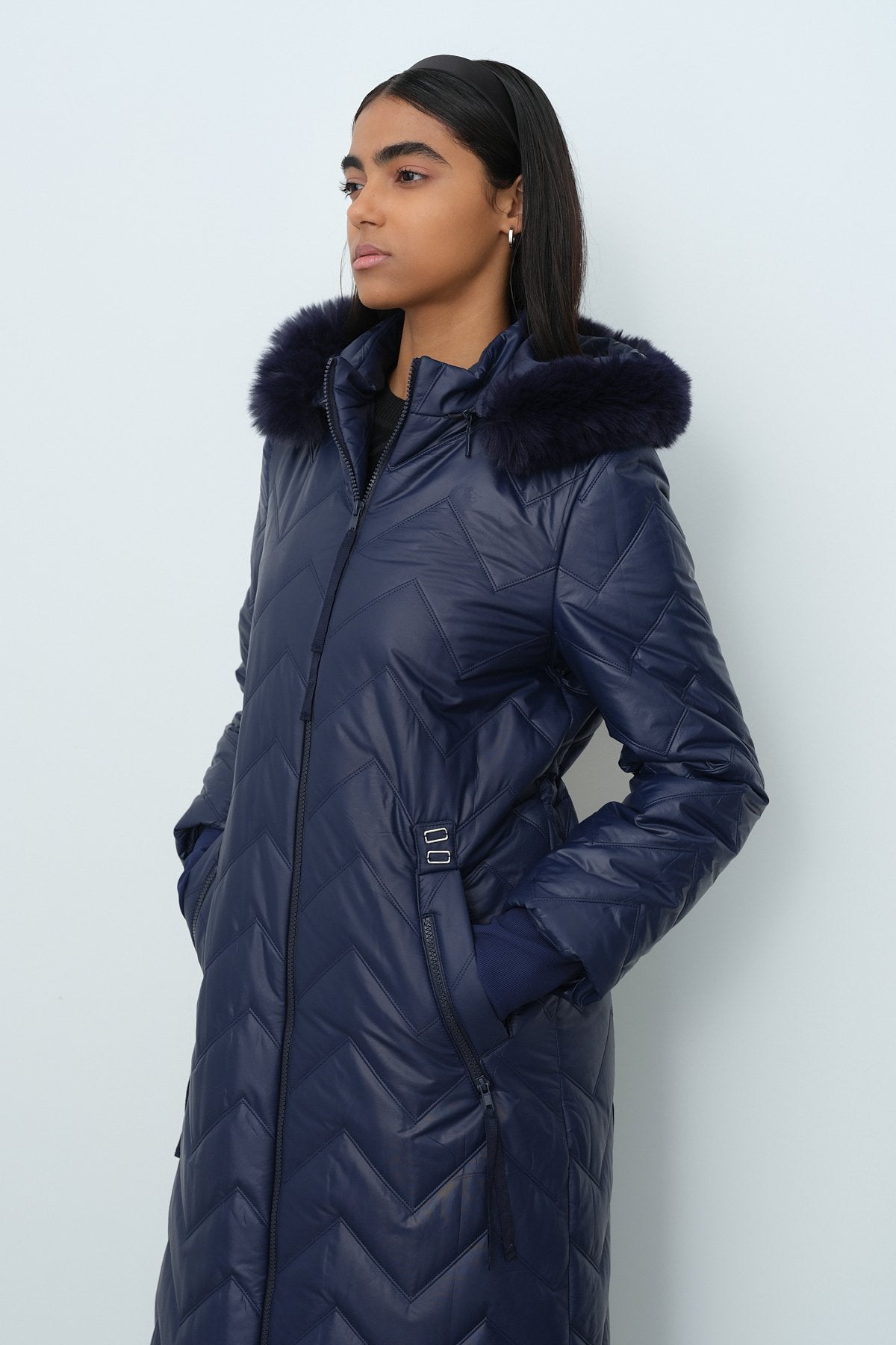 Detachable Fur Coat with Metal Details - Navy Blue