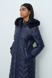 Detachable Fur Coat with Metal Details - Navy Blue