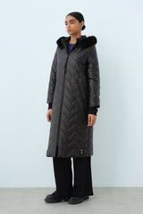 Detachable Fur Coat with Metal Details - Black