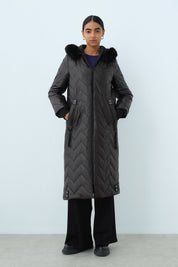 Detachable Fur Coat with Metal Details - Black