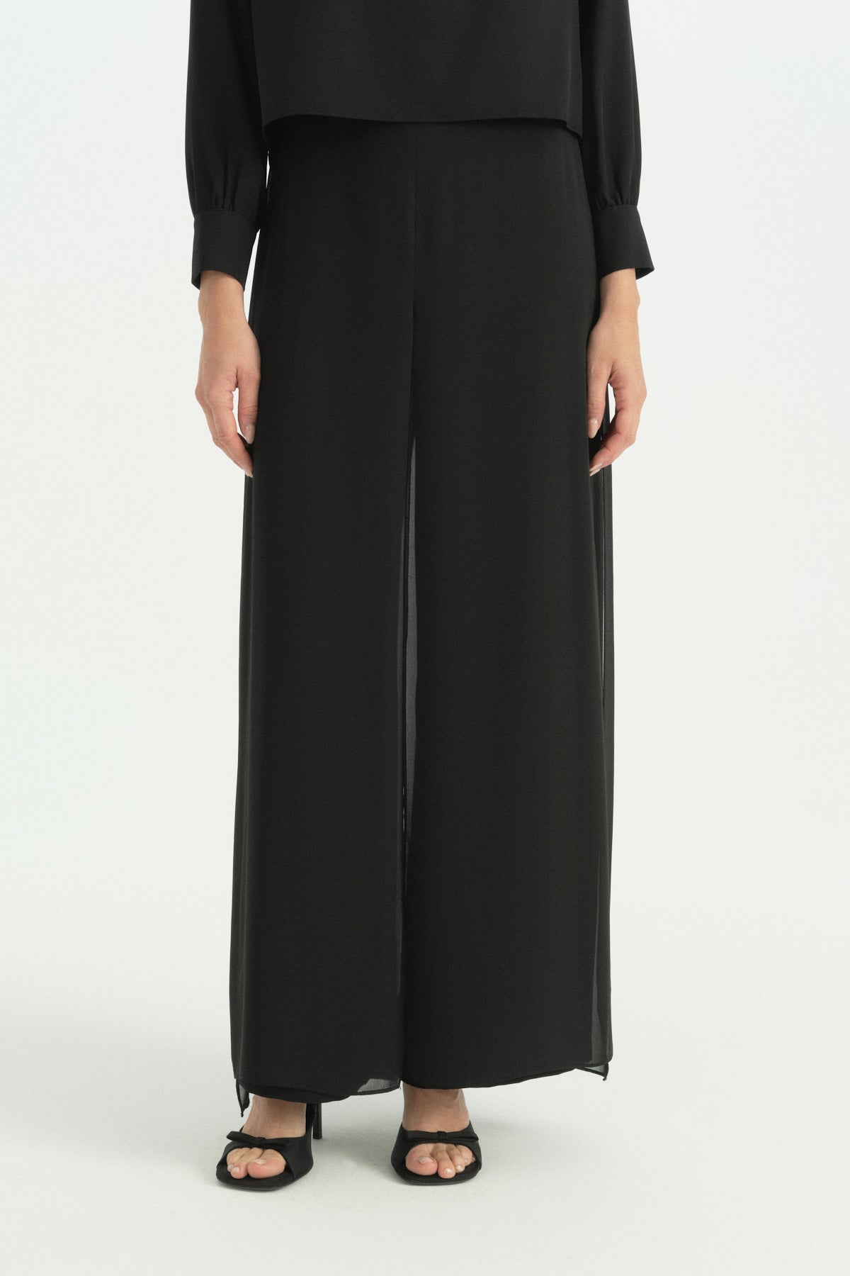 Chiffon Layered Wide-Leg Trousers - Black