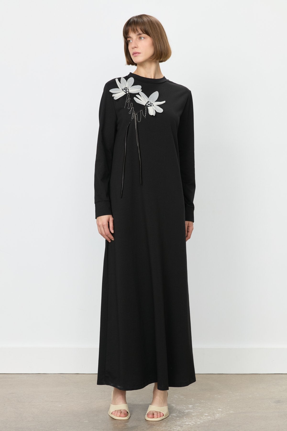 Chiffon and Floral Detail Dress - Black