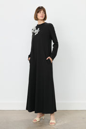 Chiffon and Floral Detail Dress - Black