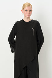 Elegant Pants and Tunic Set with Glitter Fabric Trim - Black