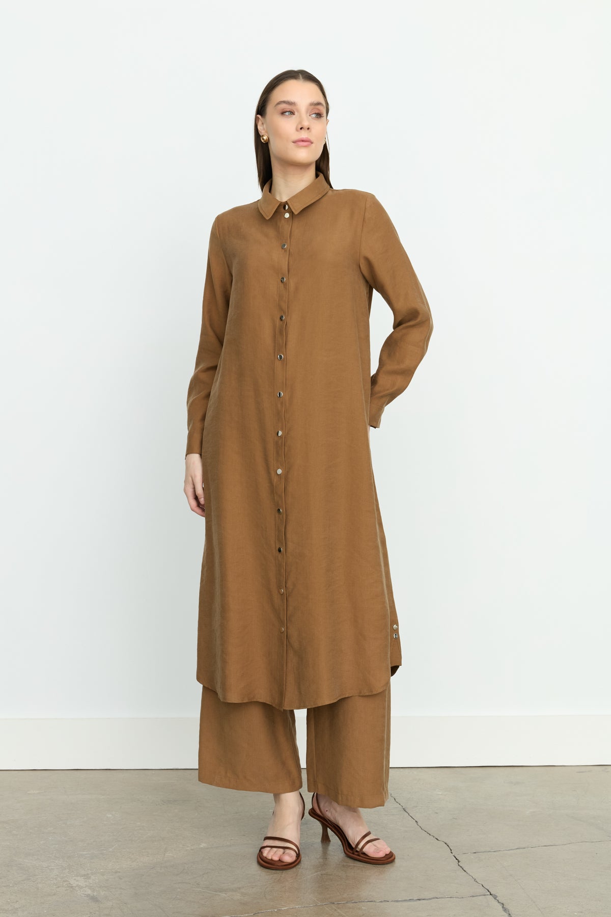 Simetrik Dikiş Detaylı Tencel Tunik - Açık Kahve
