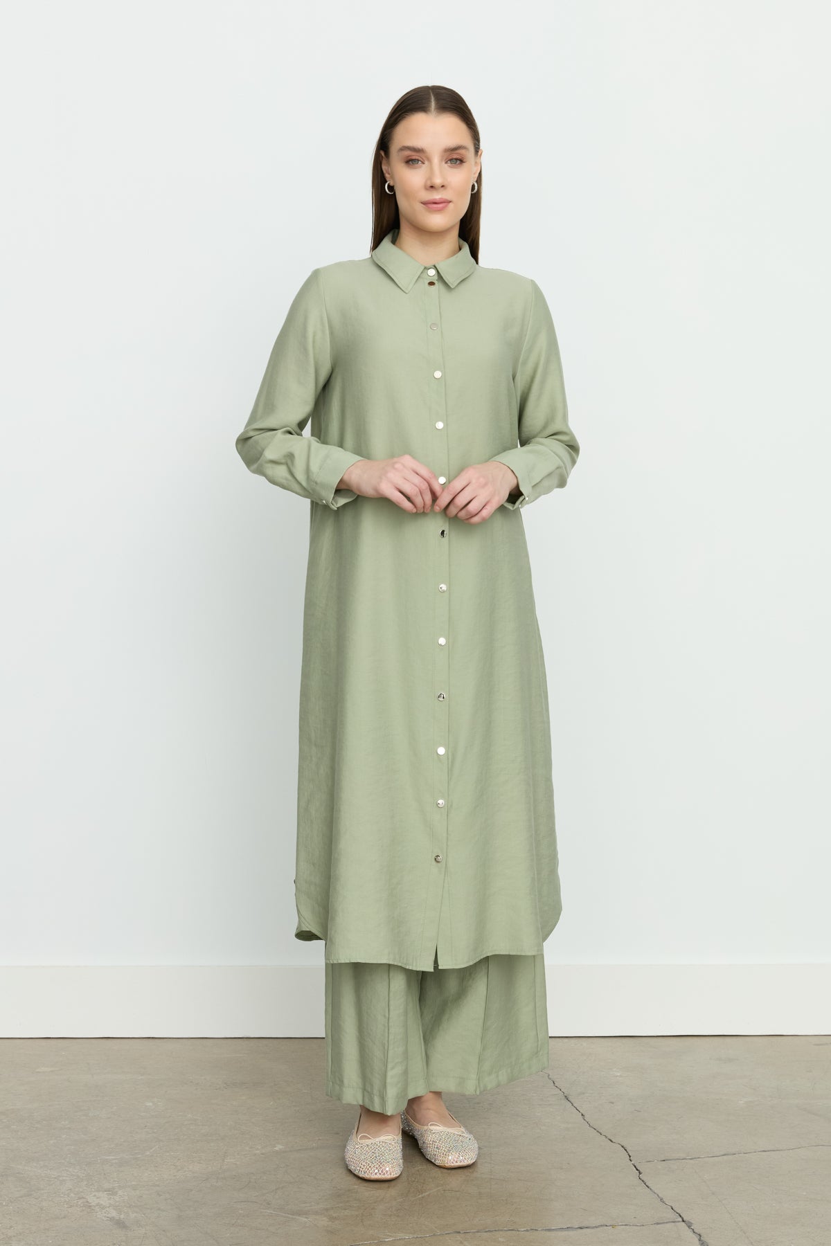 Symmetrical Stitch Detail Tencel Tunic - Sage Green