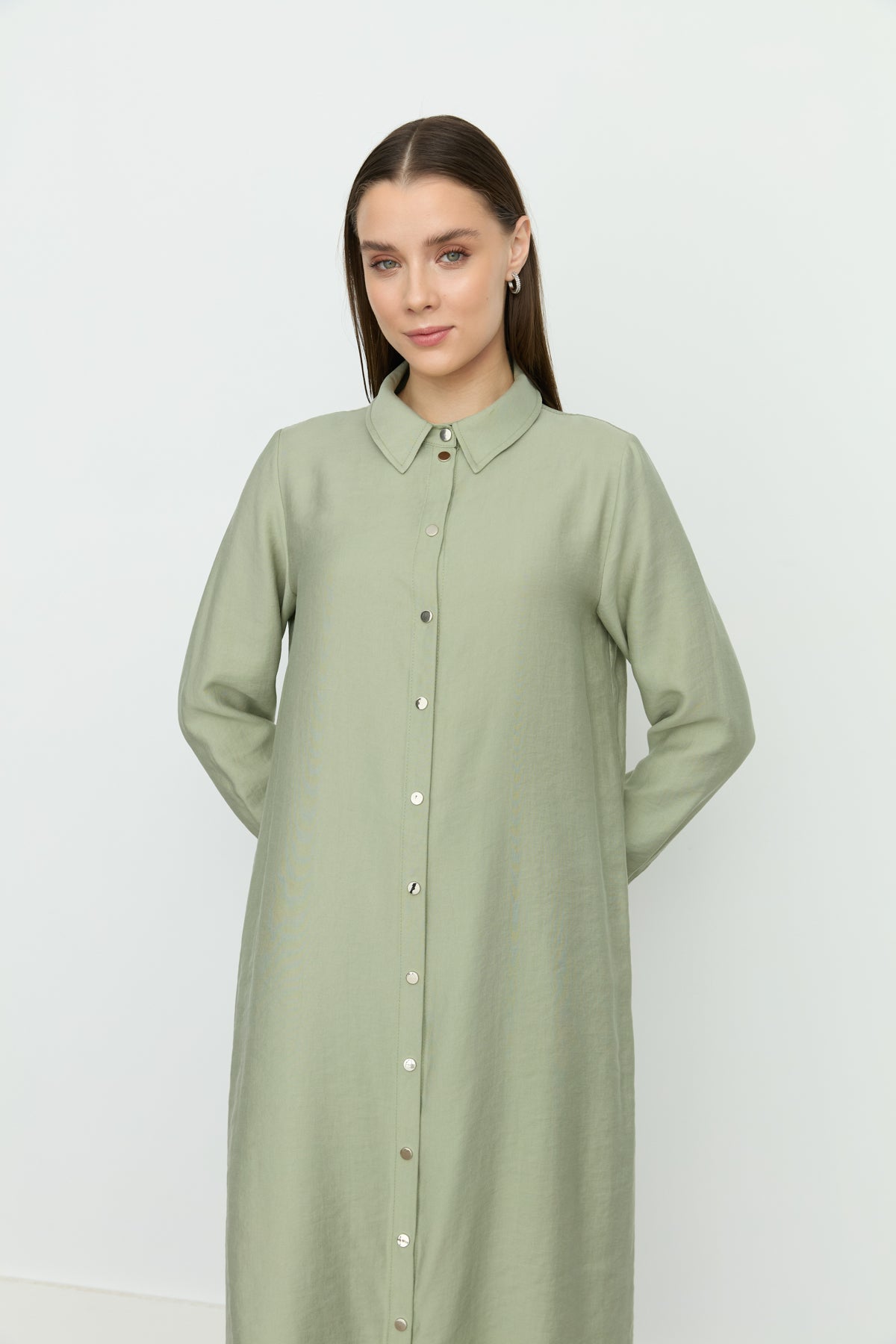 Symmetrical Stitch Detail Tencel Tunic - Sage Green