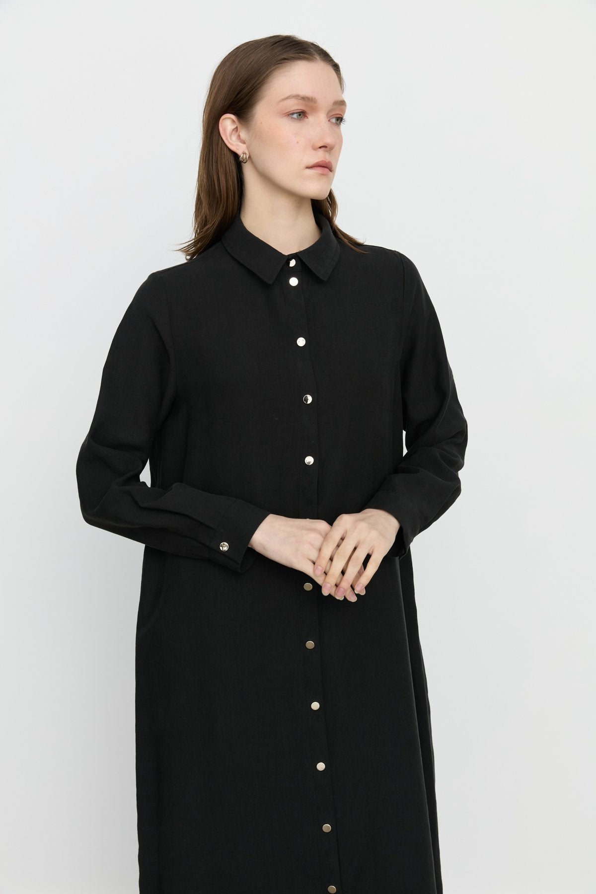 Simetrik Dikiş Detaylı Tencel Tunik - Siyah