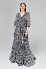 Glittery Balloon Sleeve Evening Dress - Grey