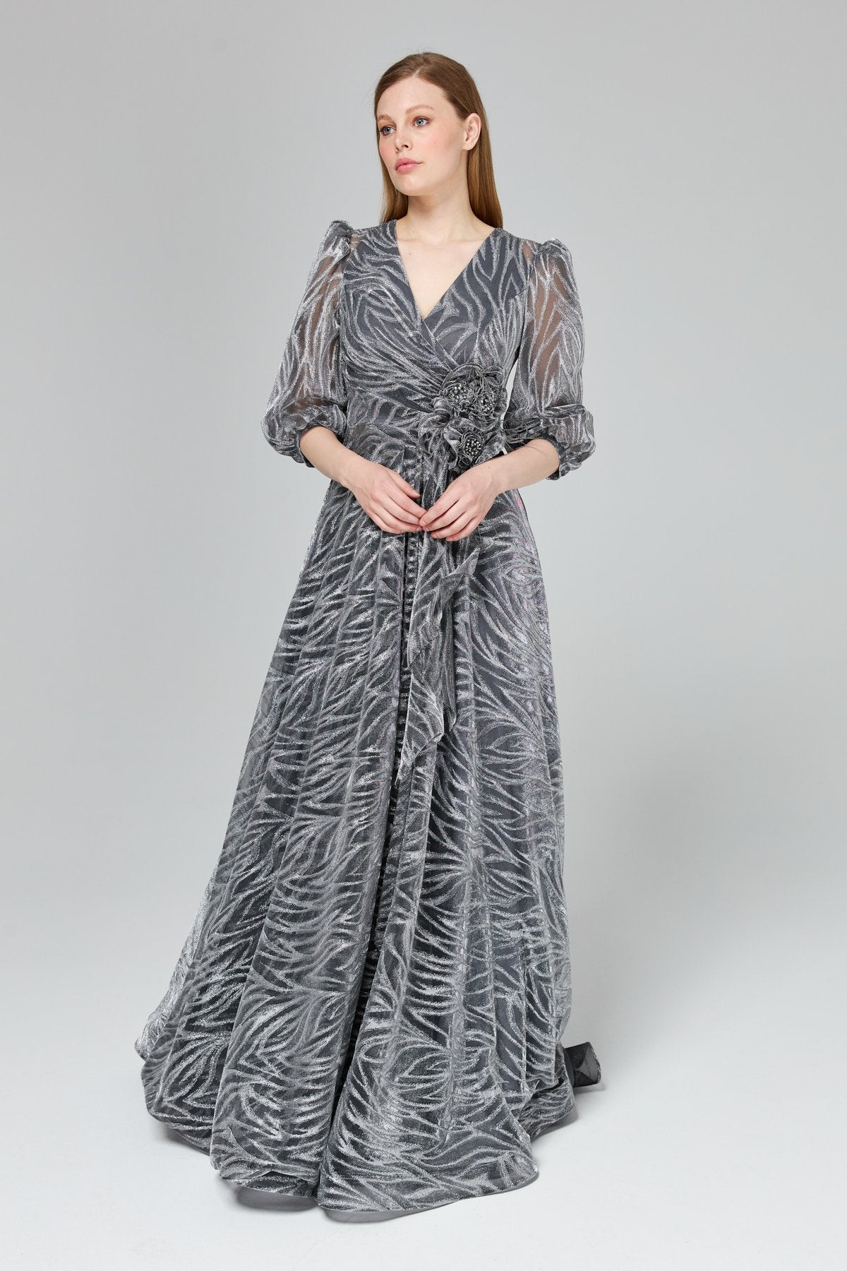 Glittery Balloon Sleeve Evening Dress - Grey