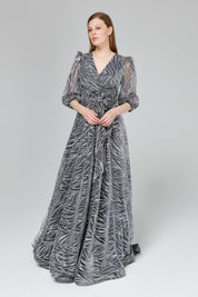 Glittery Balloon Sleeve Evening Dress - Grey