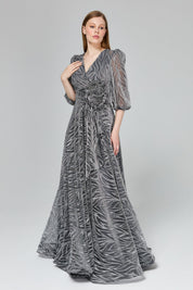 Glittery Balloon Sleeve Evening Dress - Grey
