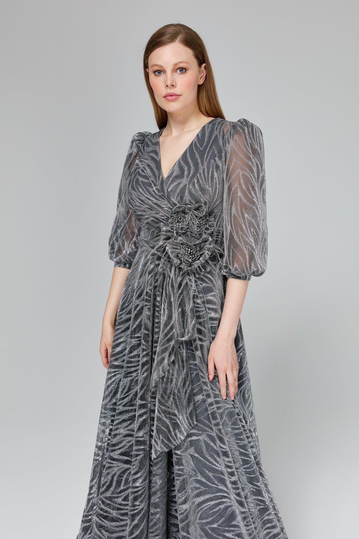 Glittery Balloon Sleeve Evening Dress - Grey