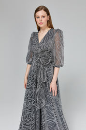 Glittery Balloon Sleeve Evening Dress - Grey
