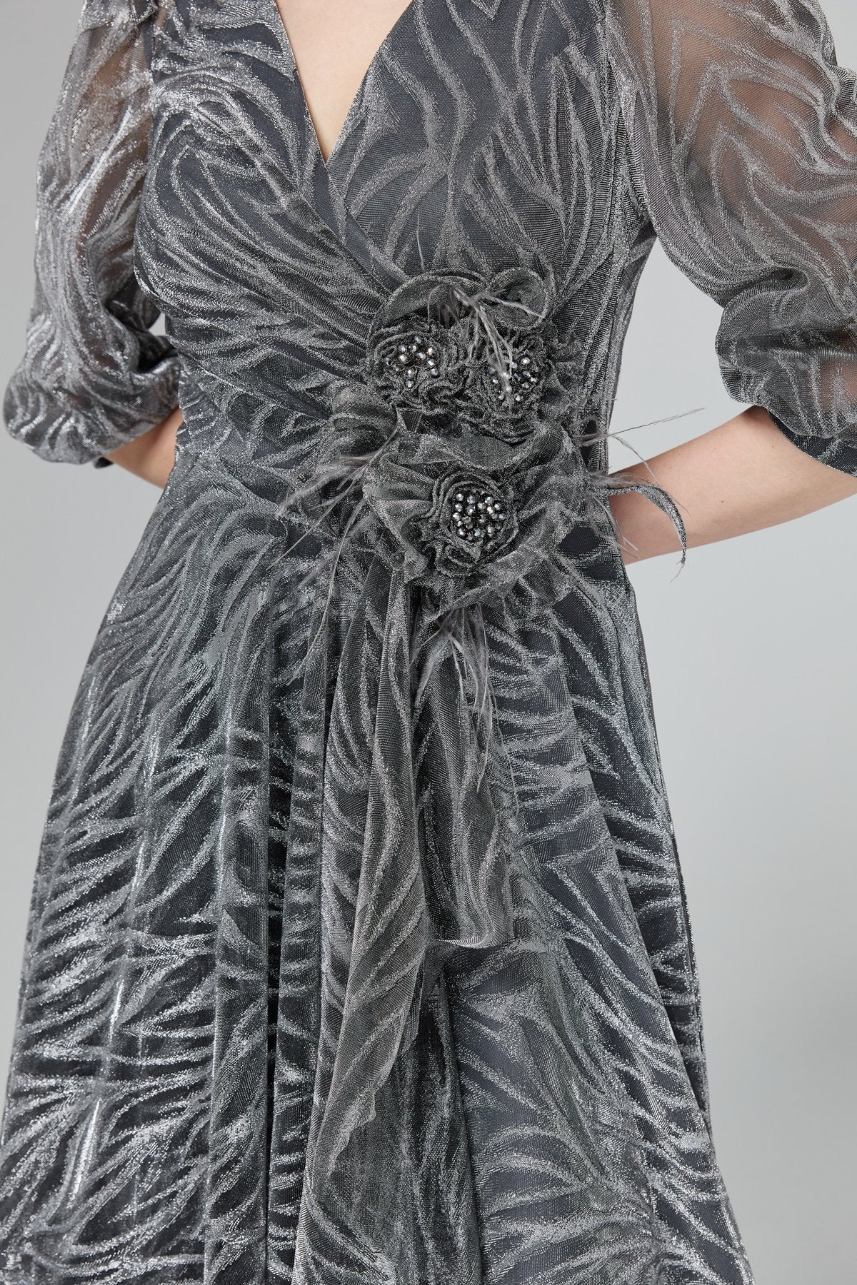 Glittery Balloon Sleeve Evening Dress - Grey