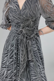 Glittery Balloon Sleeve Evening Dress - Grey