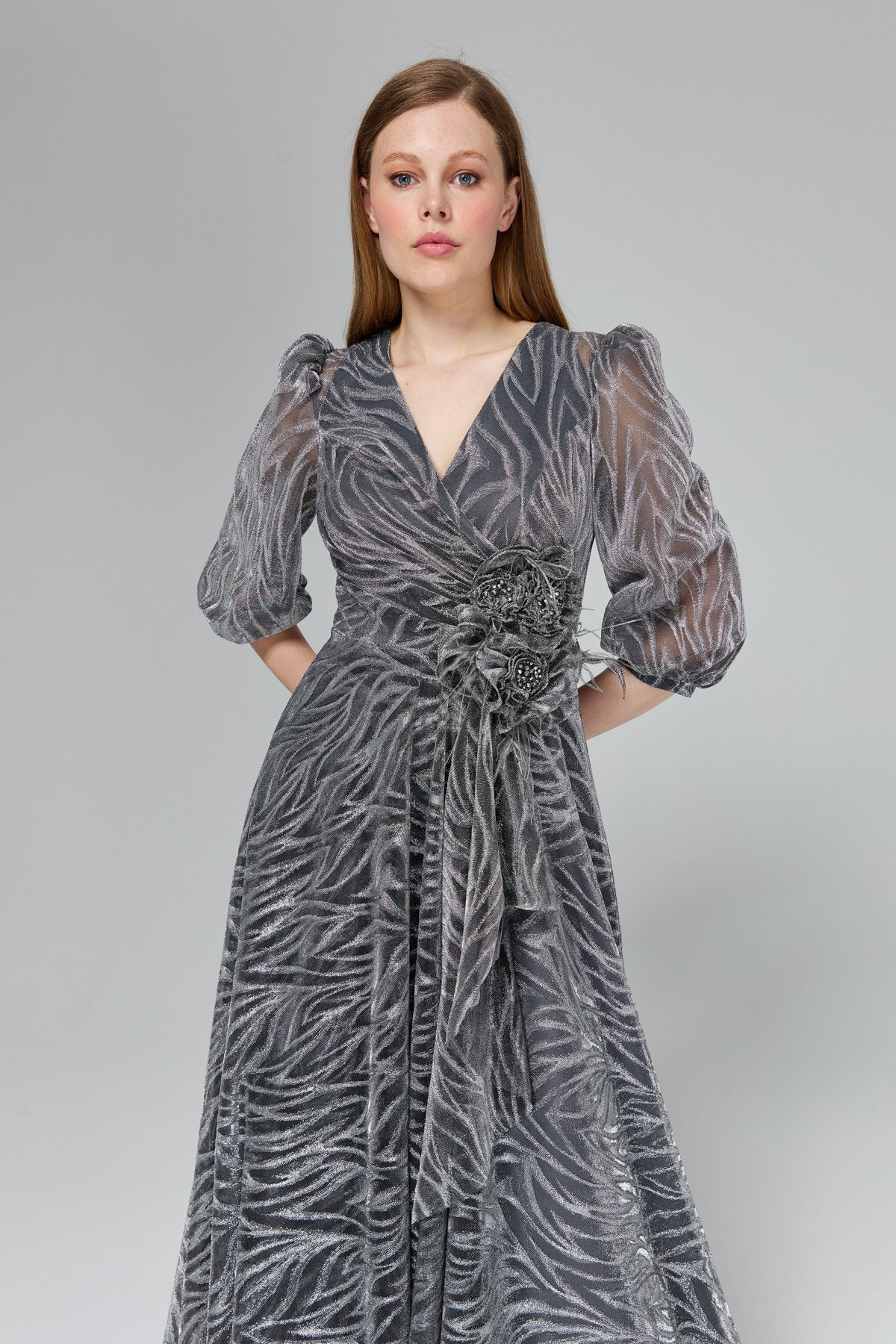 Glittery Balloon Sleeve Evening Dress - Grey