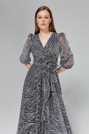 Glittery Balloon Sleeve Evening Dress - Grey