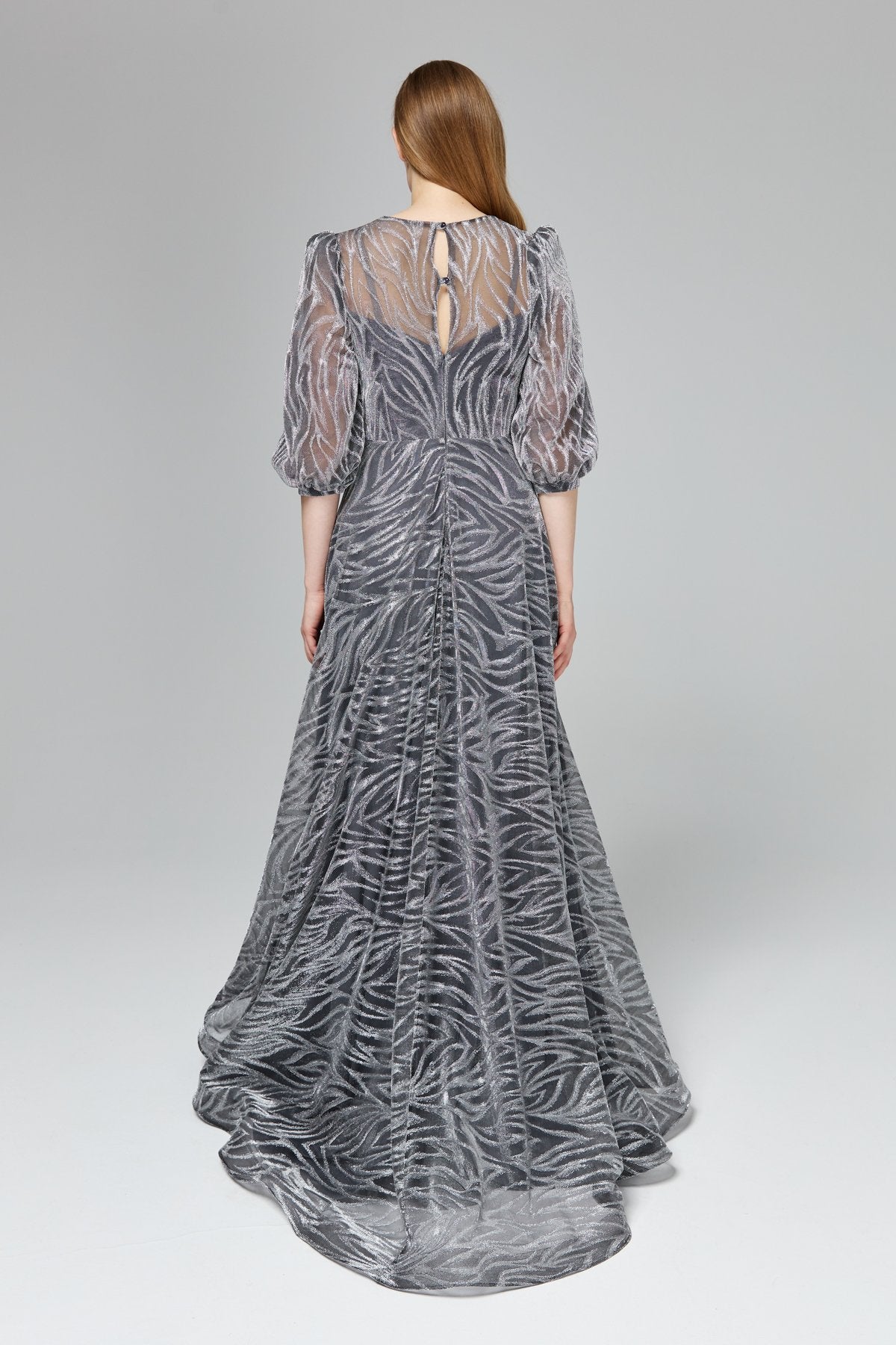 Glittery Balloon Sleeve Evening Dress - Grey