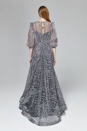 Glittery Balloon Sleeve Evening Dress - Grey