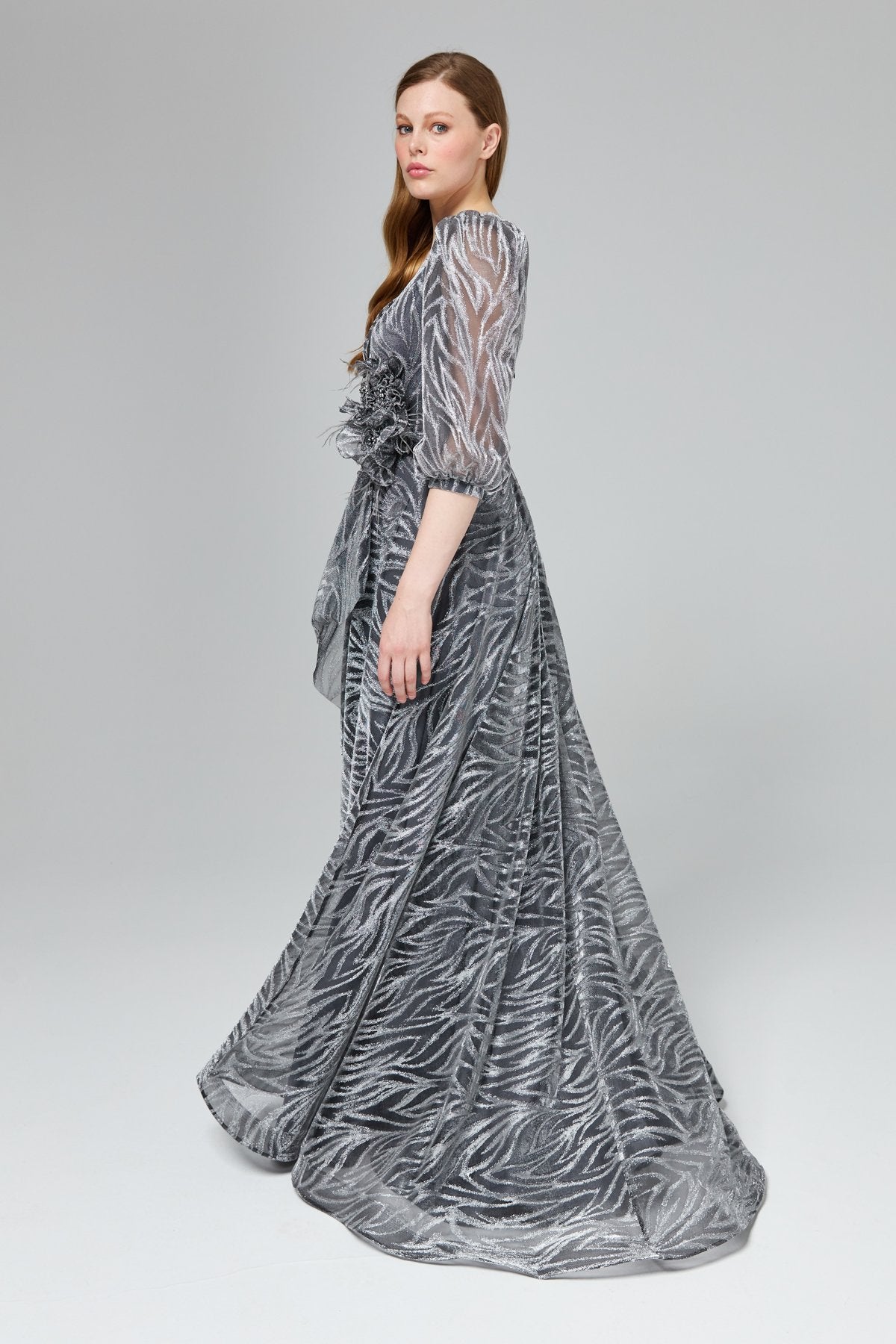 Glittery Balloon Sleeve Evening Dress - Grey