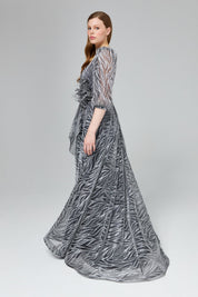 Glittery Balloon Sleeve Evening Dress - Grey