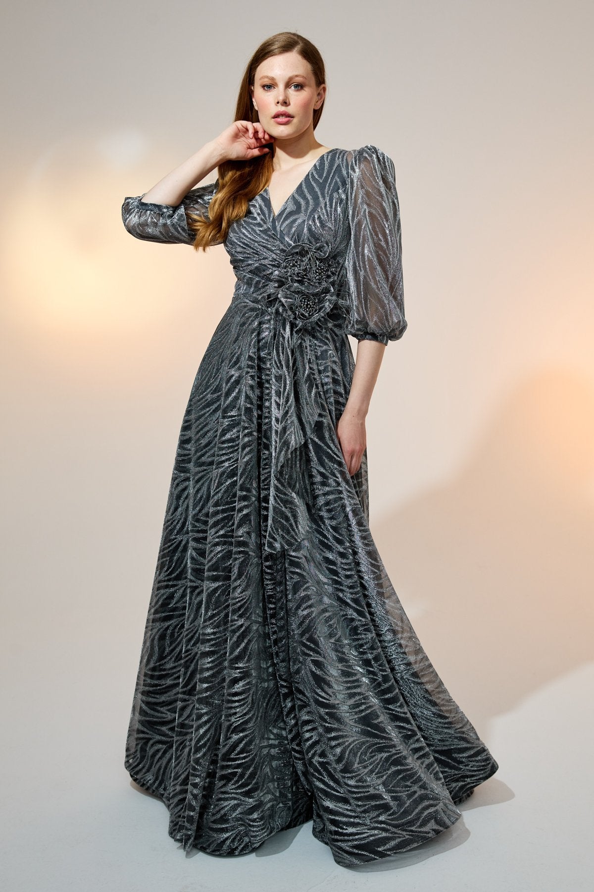 Glittery Balloon Sleeve Evening Dress - Grey