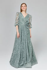 Glittery Balloon Sleeve Evening Dress - Mint