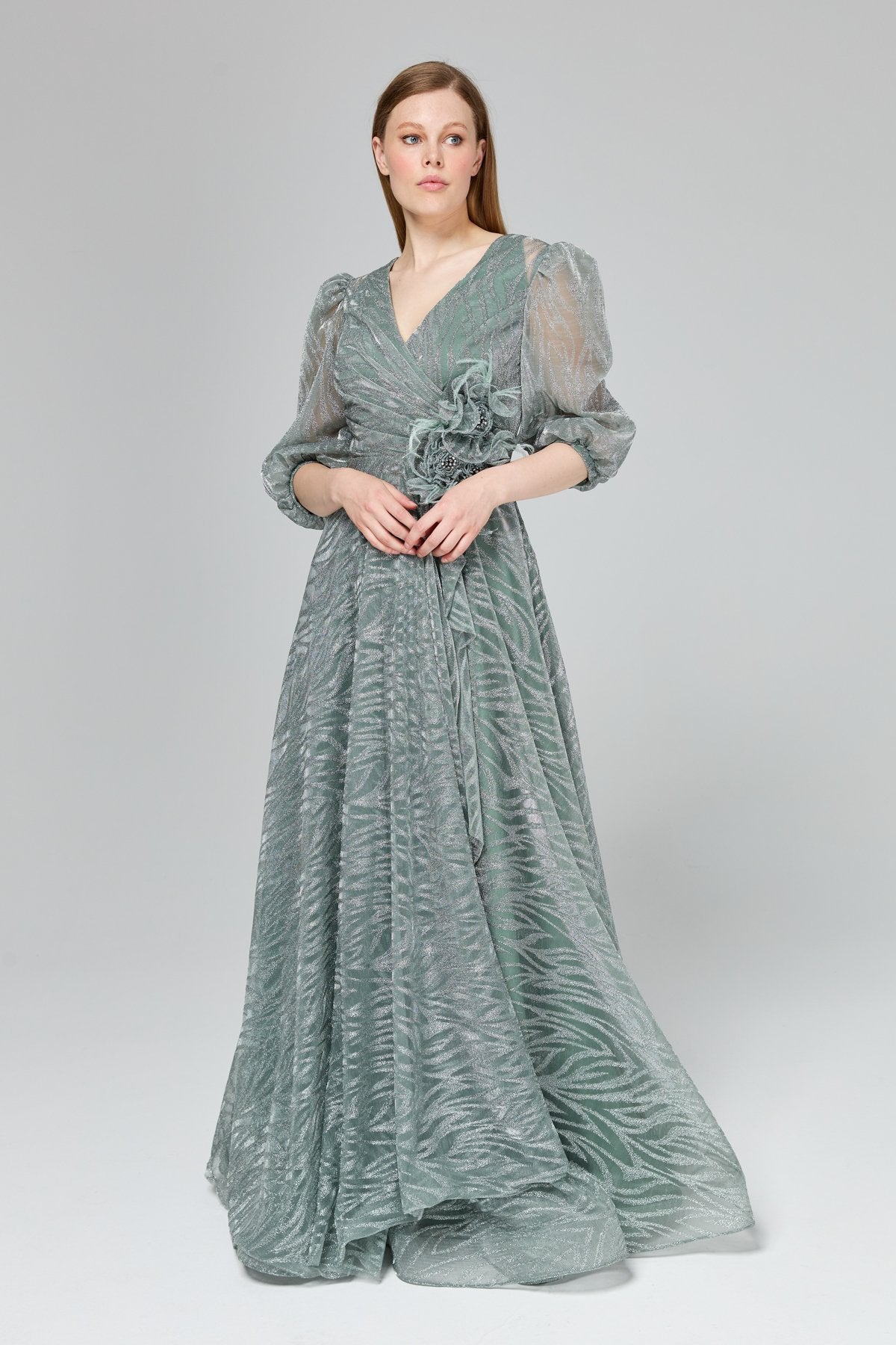 Glittery Balloon Sleeve Evening Dress - Mint