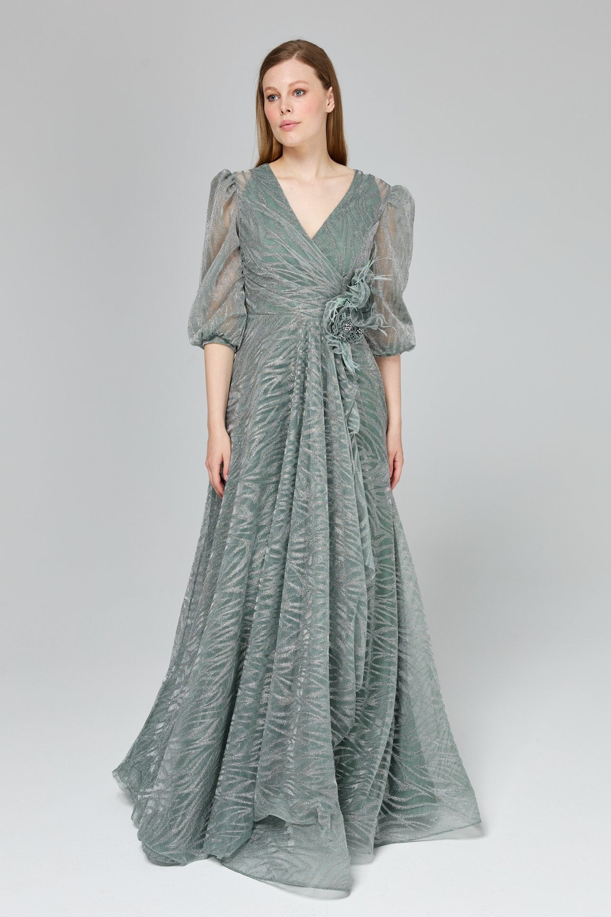 Glittery Balloon Sleeve Evening Dress - Mint