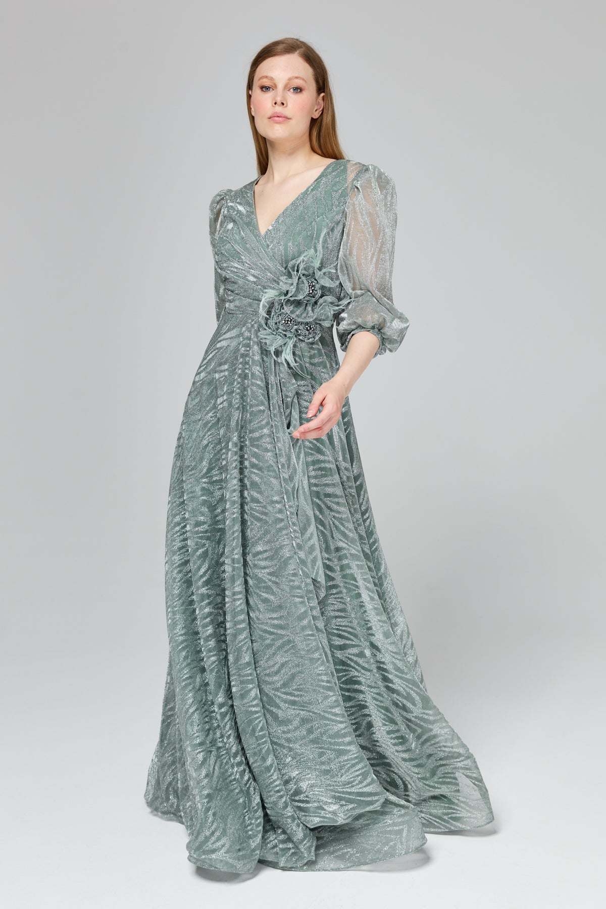 Glittery Balloon Sleeve Evening Dress - Mint