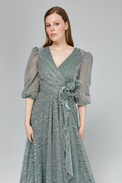 Glittery Balloon Sleeve Evening Dress - Mint