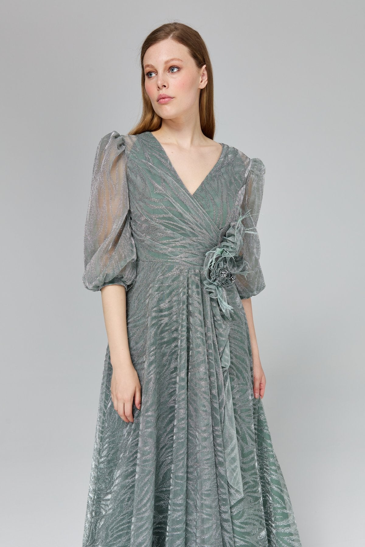Glittery Balloon Sleeve Evening Dress - Mint