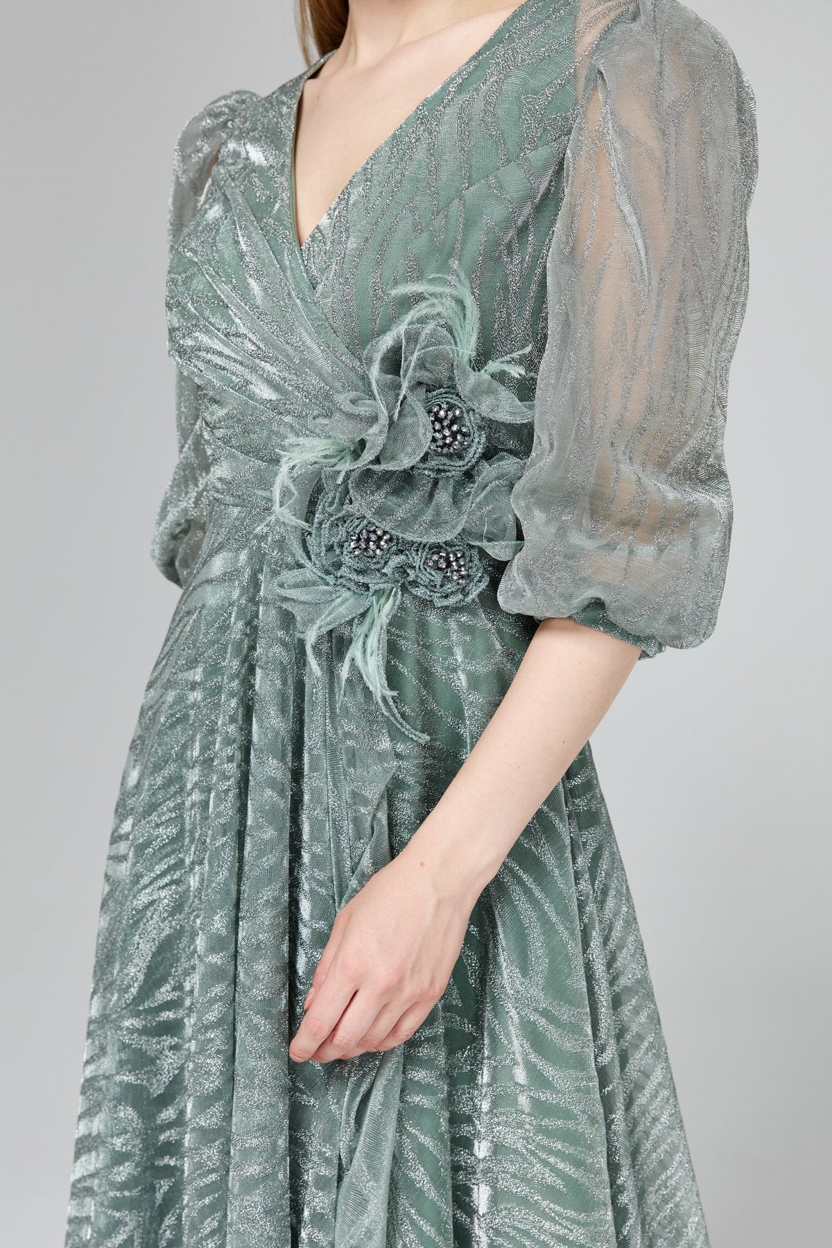 Glittery Balloon Sleeve Evening Dress - Mint