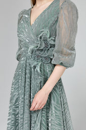 Glittery Balloon Sleeve Evening Dress - Mint