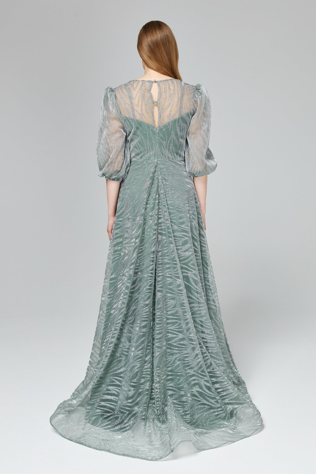 Glittery Balloon Sleeve Evening Dress - Mint