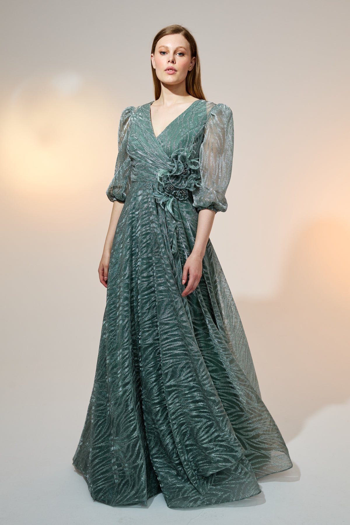 Glittery Balloon Sleeve Evening Dress - Mint