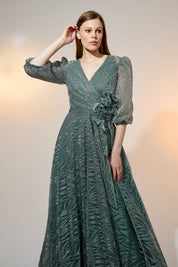 Glittery Balloon Sleeve Evening Dress - Mint