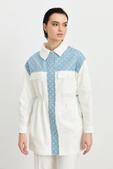 Glittery Denim Trimmed Canvas Denim Jacket with Drawstring Waist - Ecru