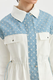 Glittery Denim Trimmed Canvas Denim Jacket with Drawstring Waist - Ecru