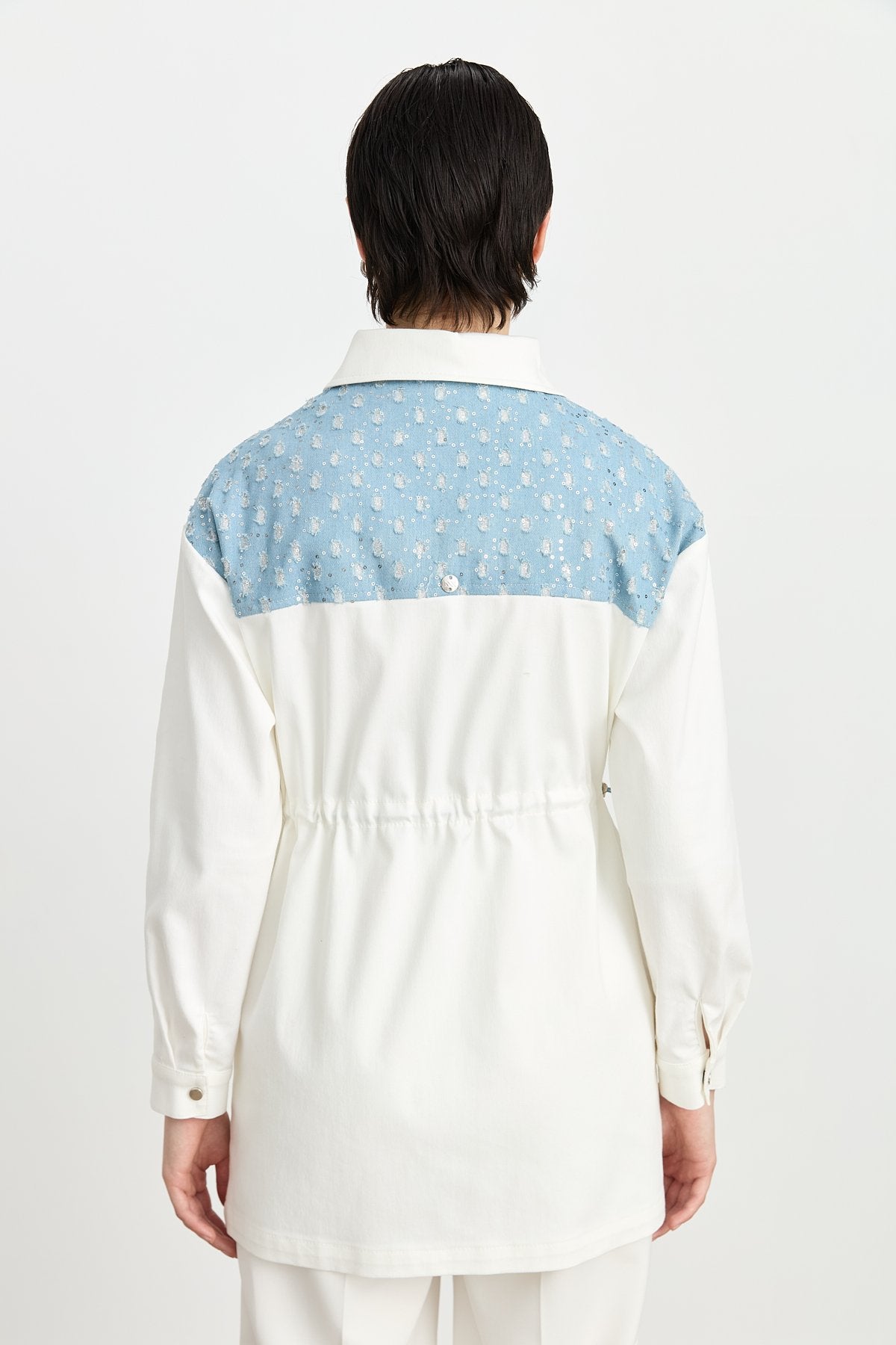 Glittery Denim Trimmed Canvas Denim Jacket with Drawstring Waist - Ecru
