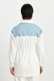 Glittery Denim Trimmed Canvas Denim Jacket with Drawstring Waist - Ecru